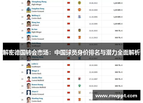 解密德国转会市场：中国球员身价排名与潜力全面解析